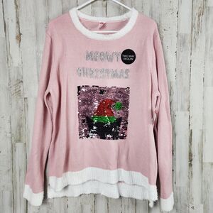 Holiday Time Holiday Sequin Meowy Kitty Cat Sweater Pink Size XL 16-18